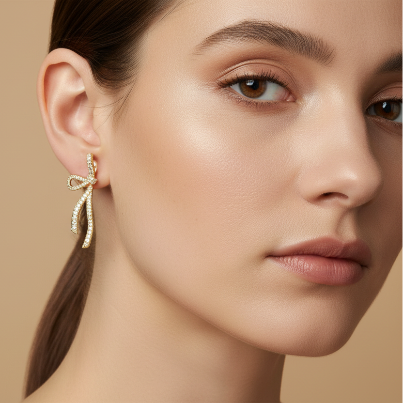 Ribbon Knot Diamond Dangler Earrings model view by SVORA