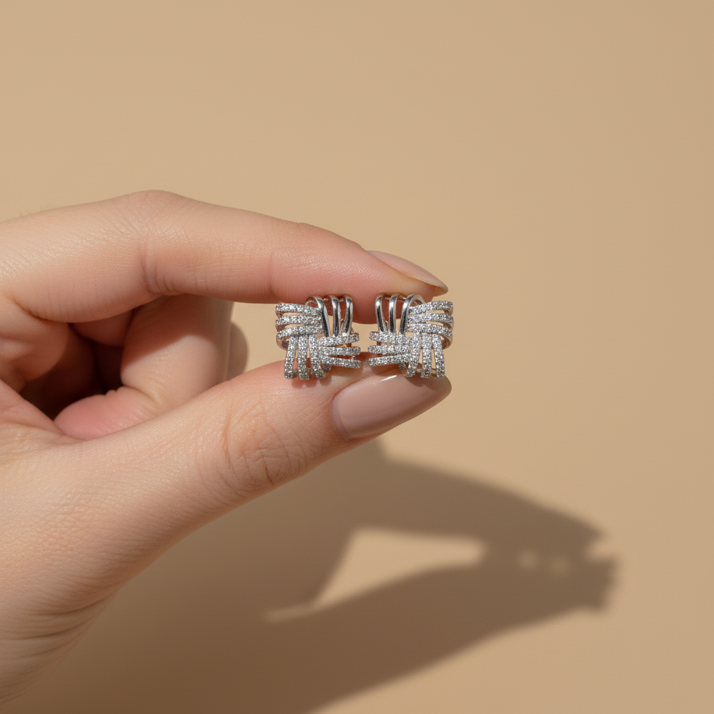 Silver Square Stones Stud Earrings in hand by SVORA