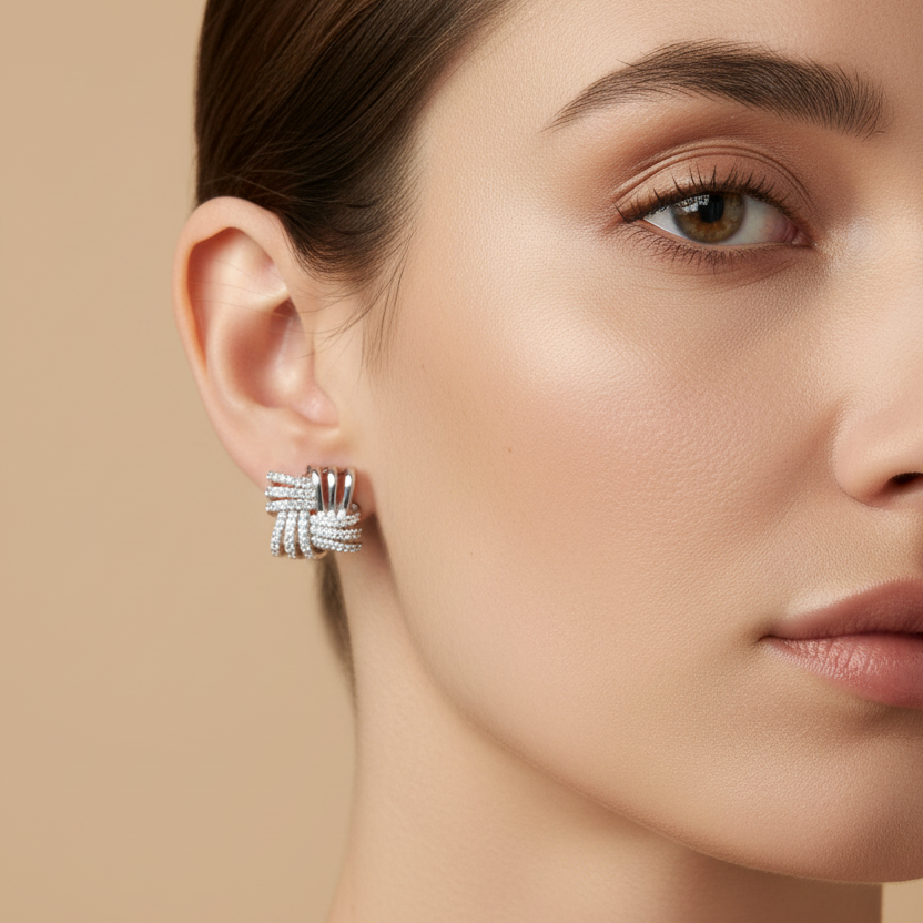 Silver Square Stones Stud Earrings model view by SVORA