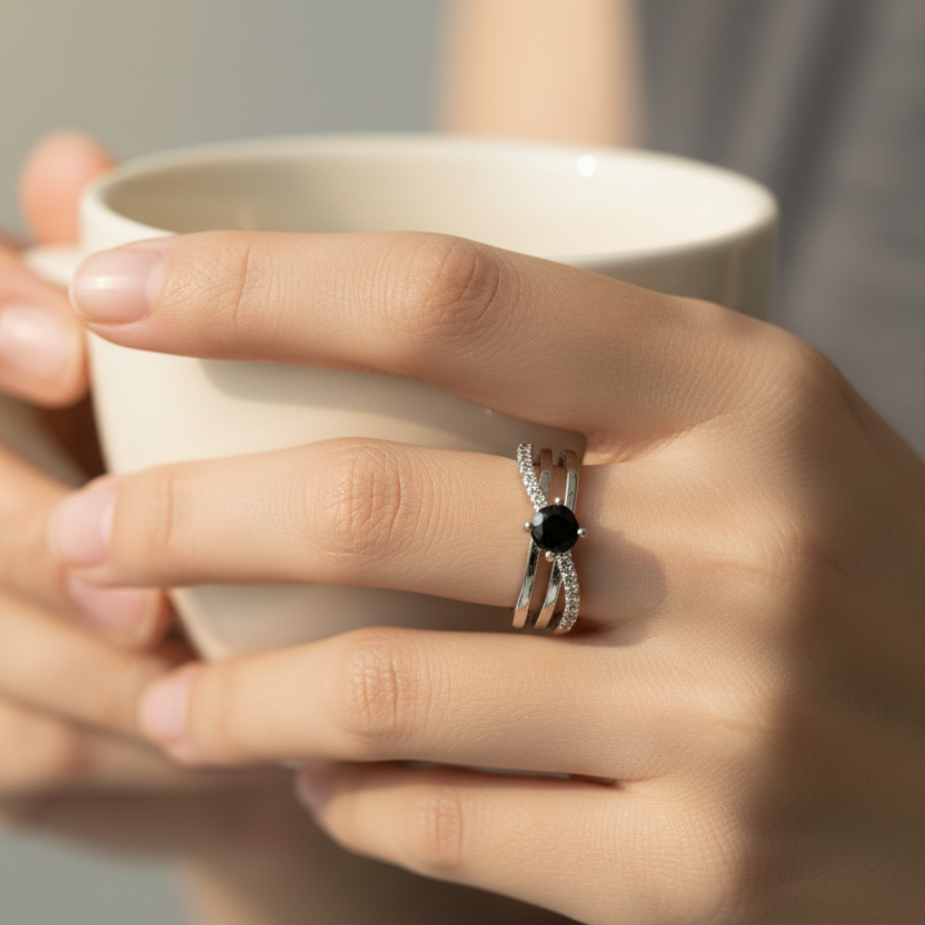 Midnight Black Gemstone Adjustable Ring model view by SVORA