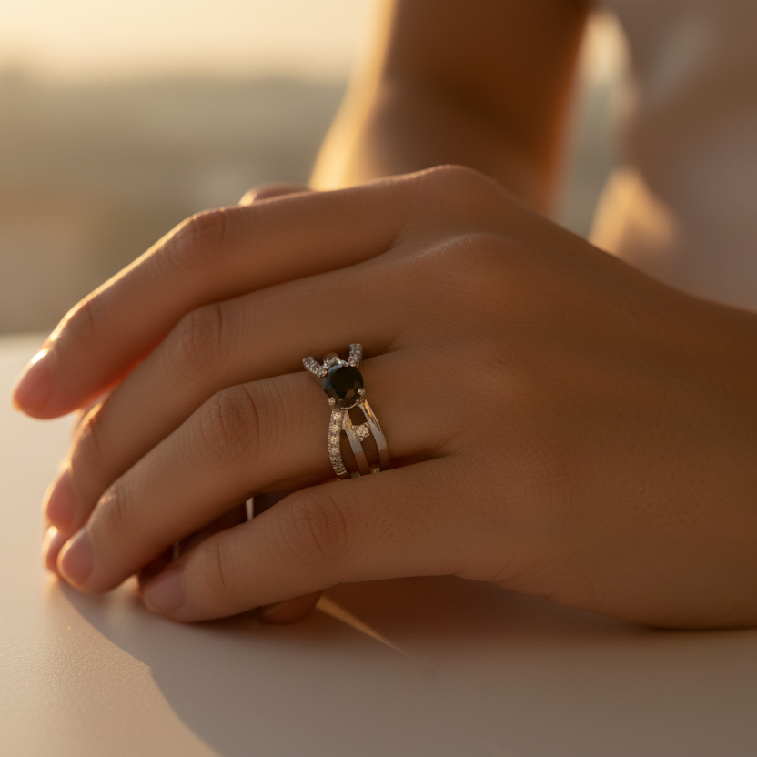 Midnight Black Gemstone Adjustable Ring worn look by SVORA