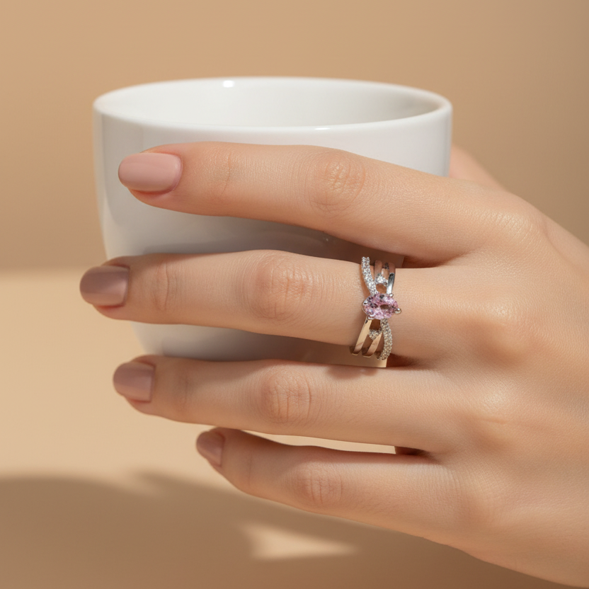 Midnight Pink Gemstone Adjustable Ring model view by SVORA