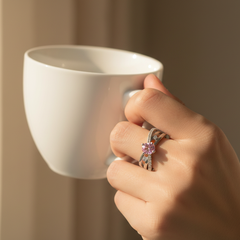 Midnight Pink Gemstone Adjustable Ring model view by SVORA