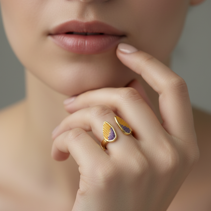 Celeste Purple Enamel wings Adjustable Ring model view by SVORA