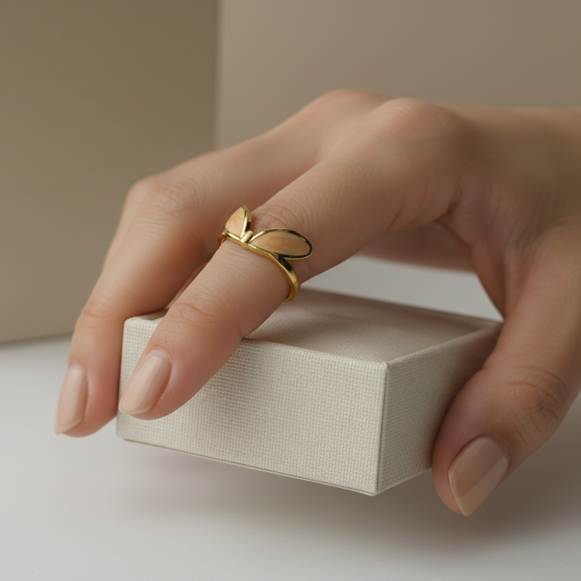 Celeste Peach Enamel Bunny Adjustable Ring model view by SVORA