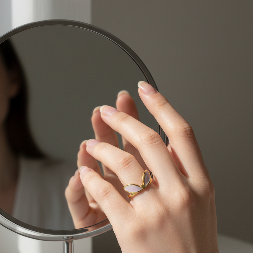 Celeste Lavender Blush Enamel Bunny Adjustable Ring worn look by SVORA