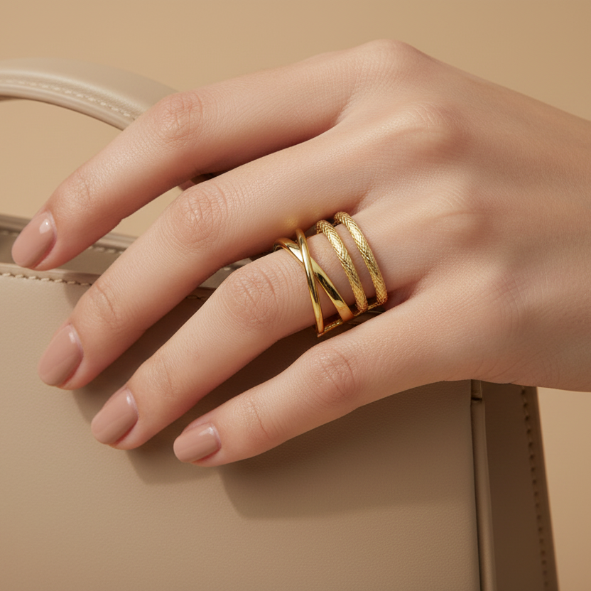 Chunky Stacked Gold Plated Ring worn look by SVORA