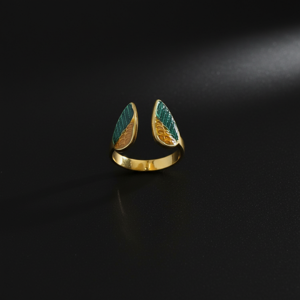 Celeste Bottle Green Enamel Wings Adjustable Ring detail shot by SVORA