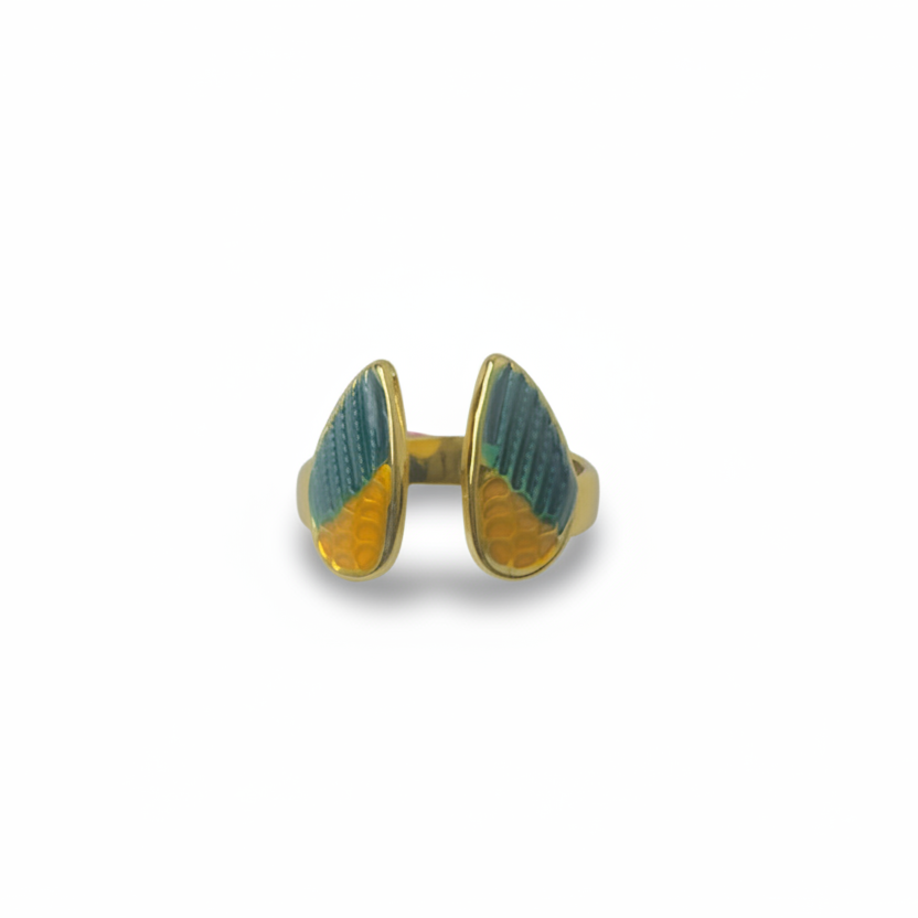 Celeste Bottle Green Enamel Wings Adjustable Ring by SVORA