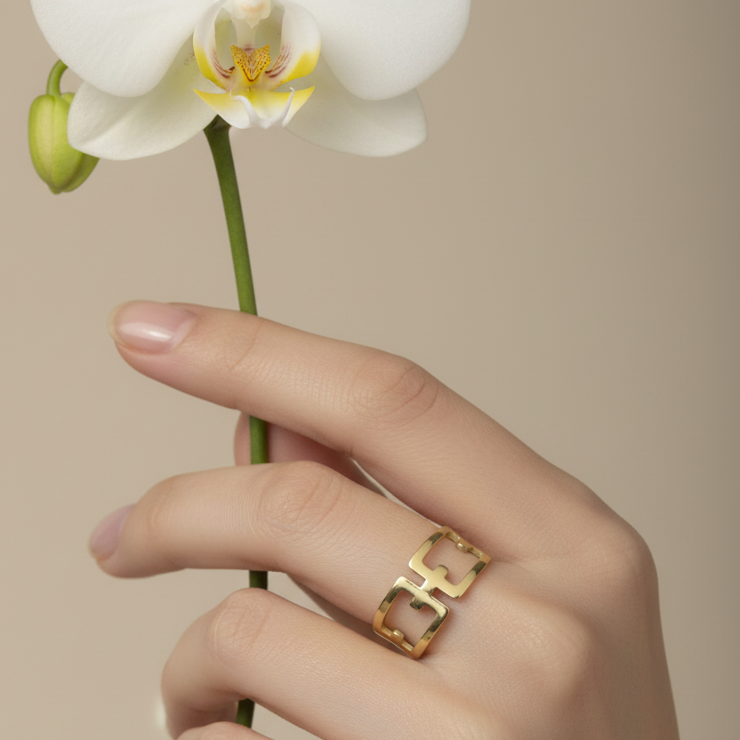 Aurelia Geometric Gold Plated Ring model view by SVORA