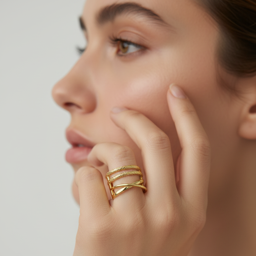 Chunky Stacked Gold Plated Ring model view by SVORA