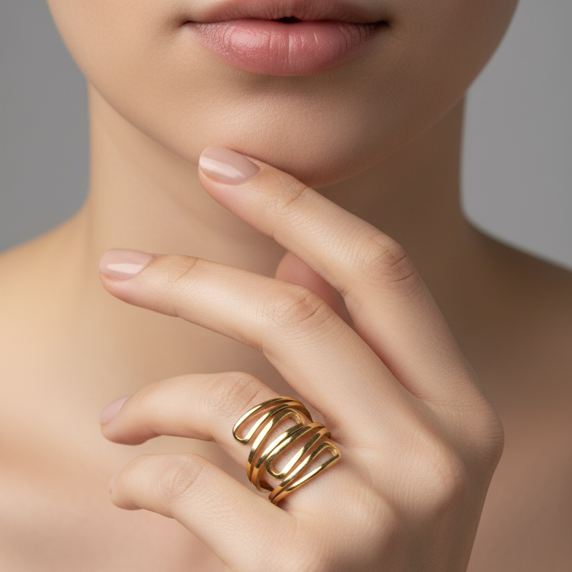 Chunky Triple Layer Gold Plated Ring model view by SVORA