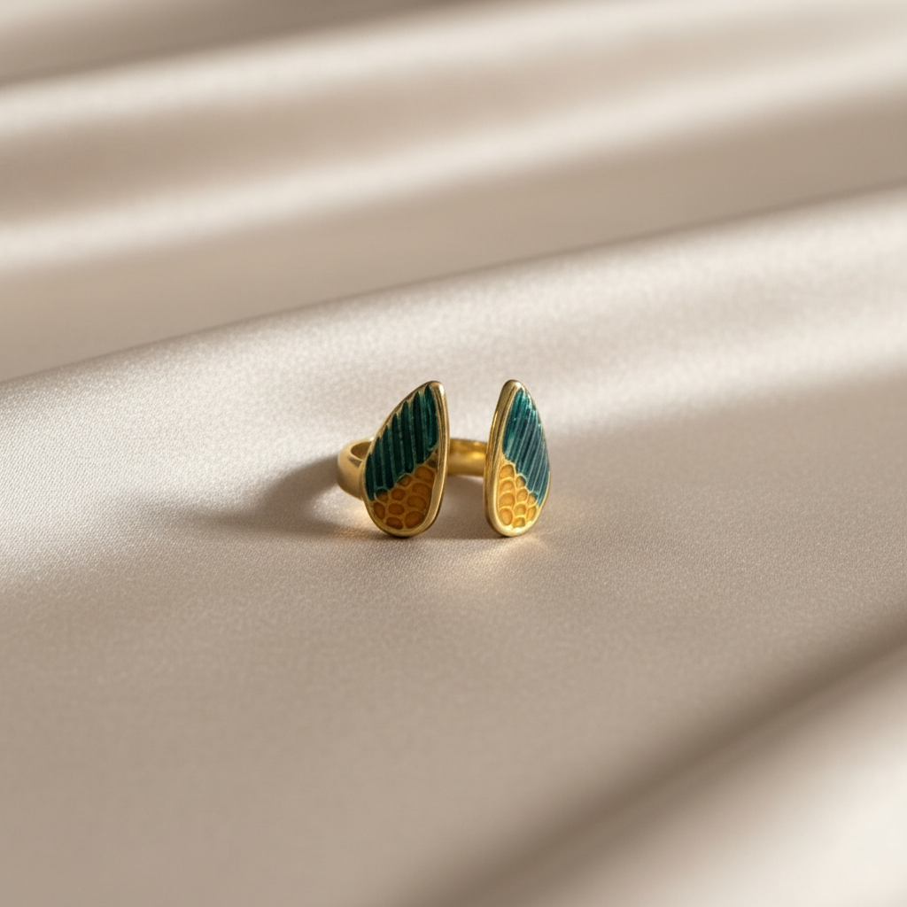 Celeste Bottle Green Enamel Wings Adjustable Ring by SVORA