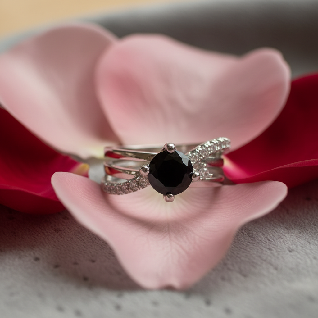 Midnight Black Gemstone Adjustable Ring close up by SVORA