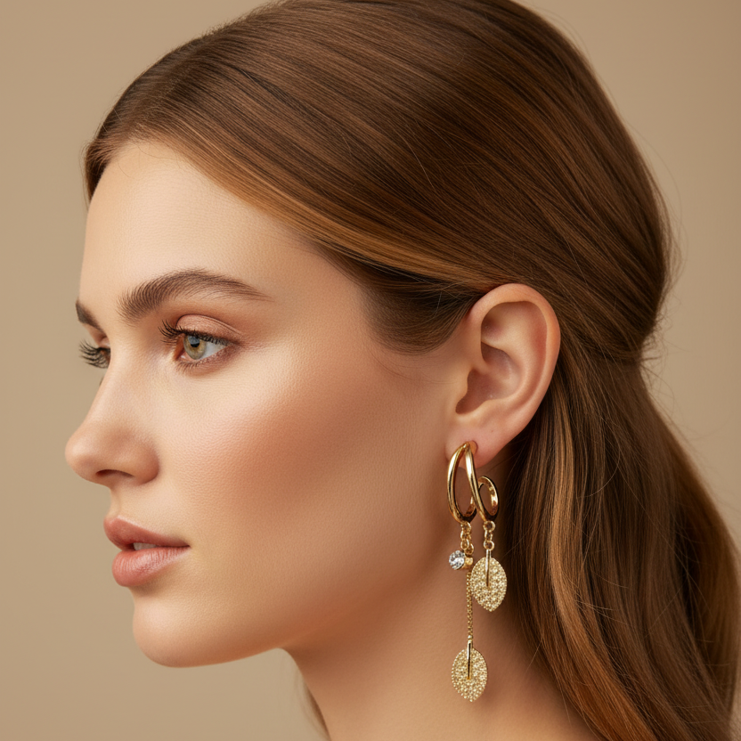 Leafy Solitaire Dangler Earrings model view by SVORA