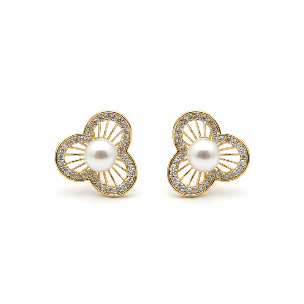 Pearl and Flower Stud Earrings