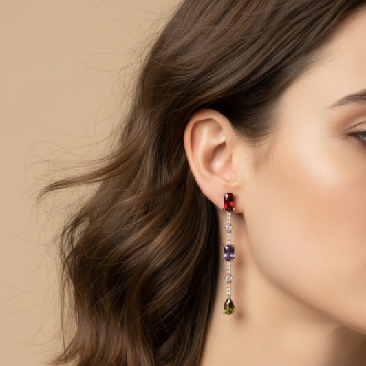 Multicolor stones Dangler Earrings model view by SVORA