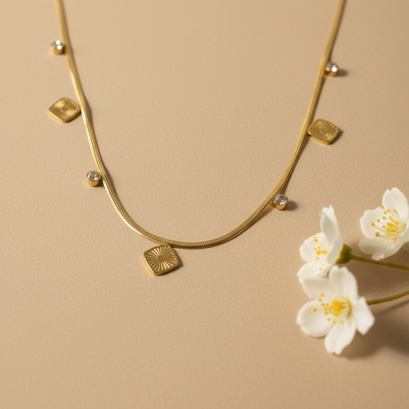 Aurielle Square Charms with Stone Necklace close up by SVORA