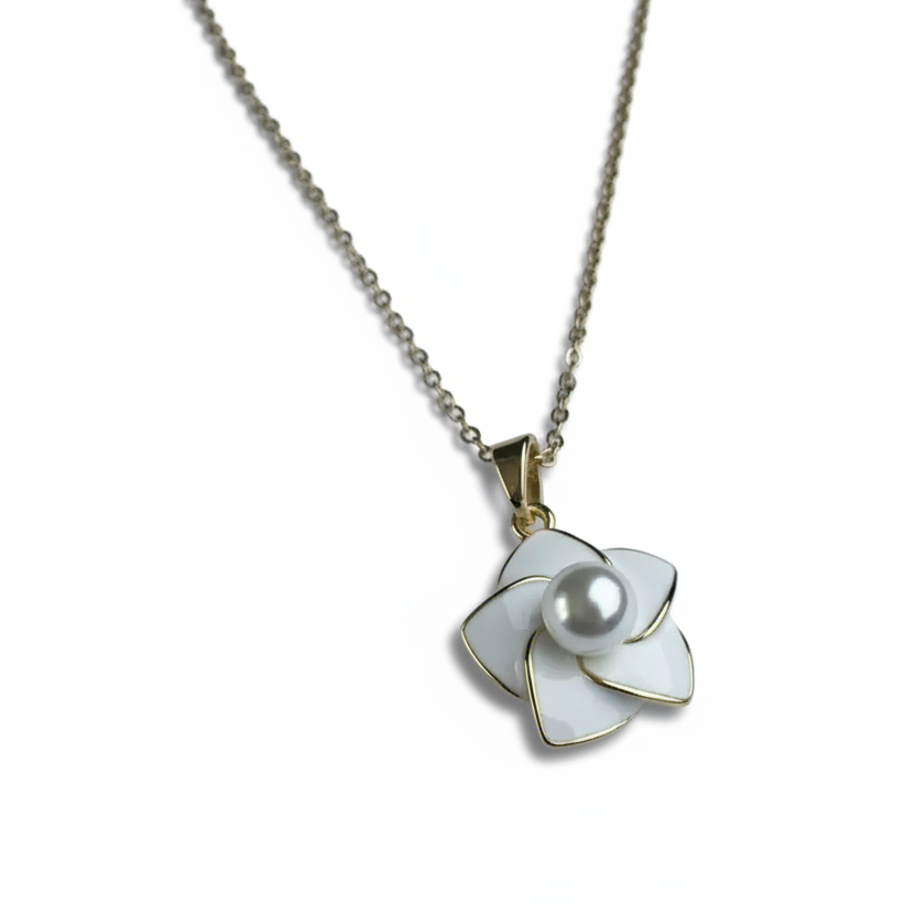 White Enamel Pearl Flower Necklace detail shot by SVORA