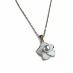 White Enamel Pearl Flower Necklace detail shot by SVORA