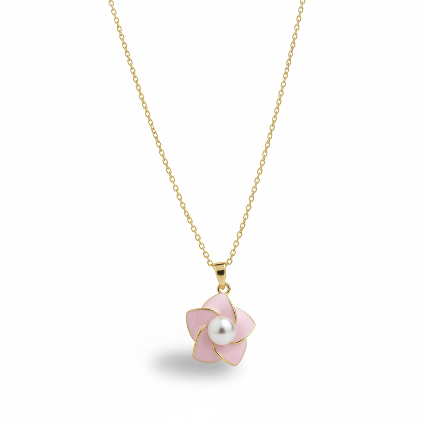 Pink Enamel Pearl Flower Necklace by SVORA