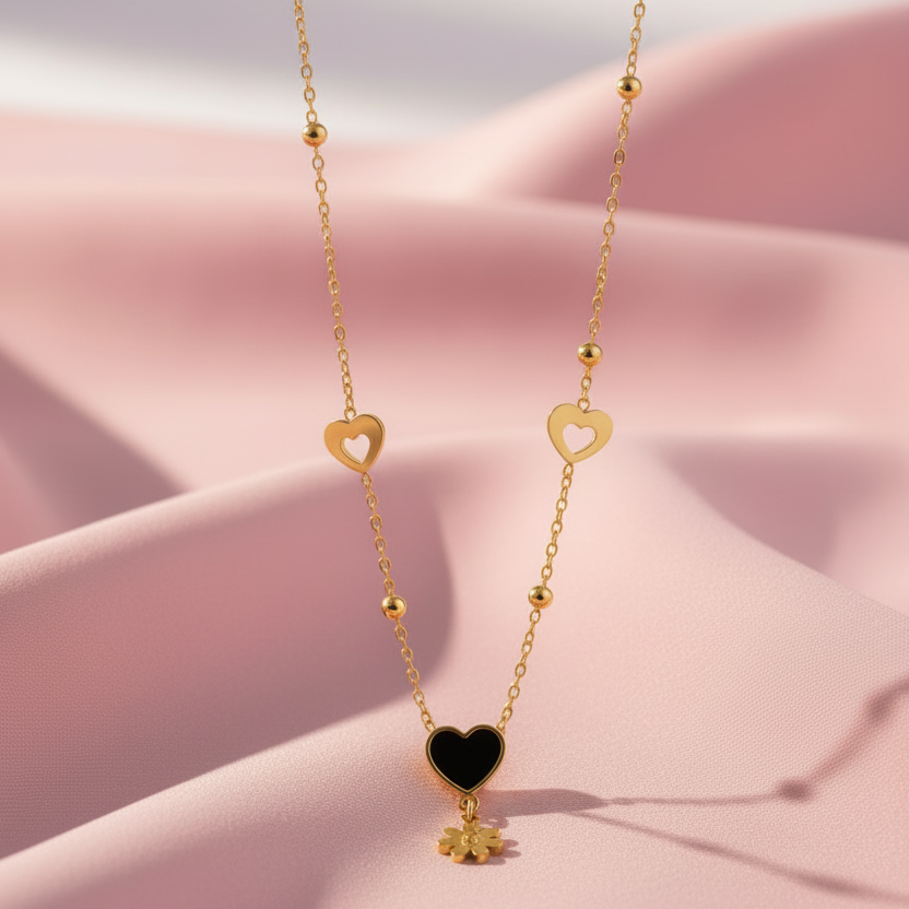 Black Enamel Heart Daisy Flower Drop Necklace by SVORA