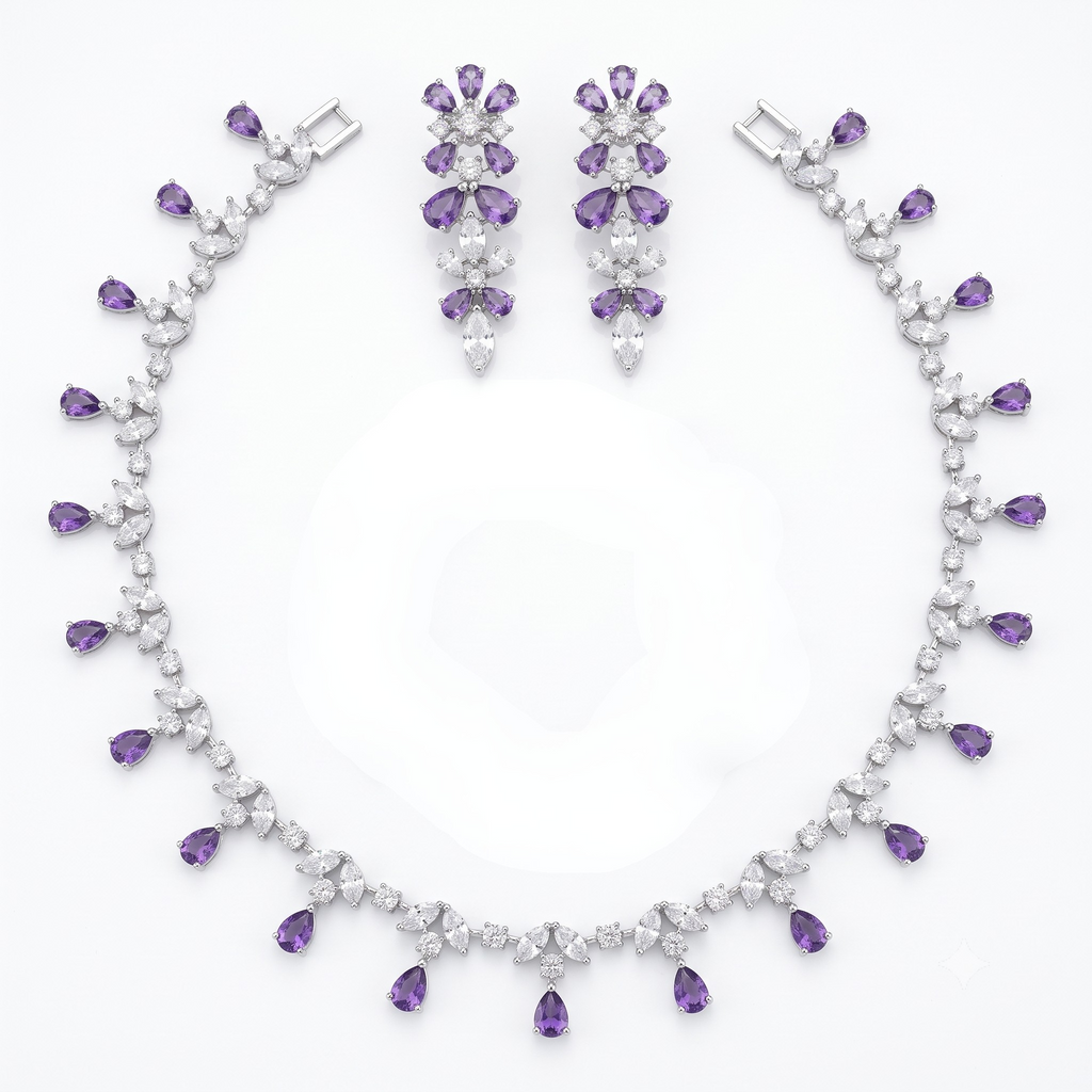 Purple Teardrop Fringe Crystal Necklace and Earrings Set