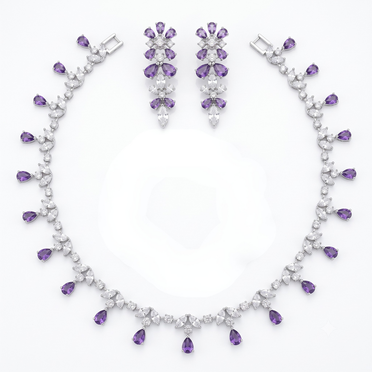 Purple Teardrop Fringe Crystal Necklace and Earrings Set