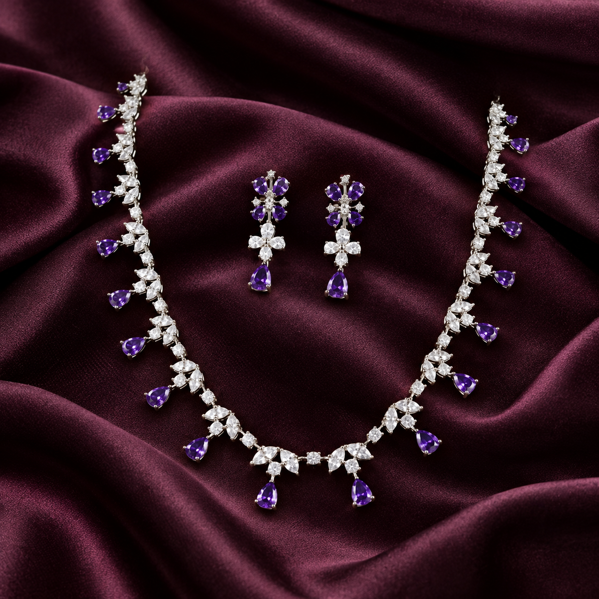Purple Teardrop Fringe Crystal Necklace and Earrings Set