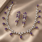 Purple Teardrop Fringe Crystal Necklace and Earrings Set