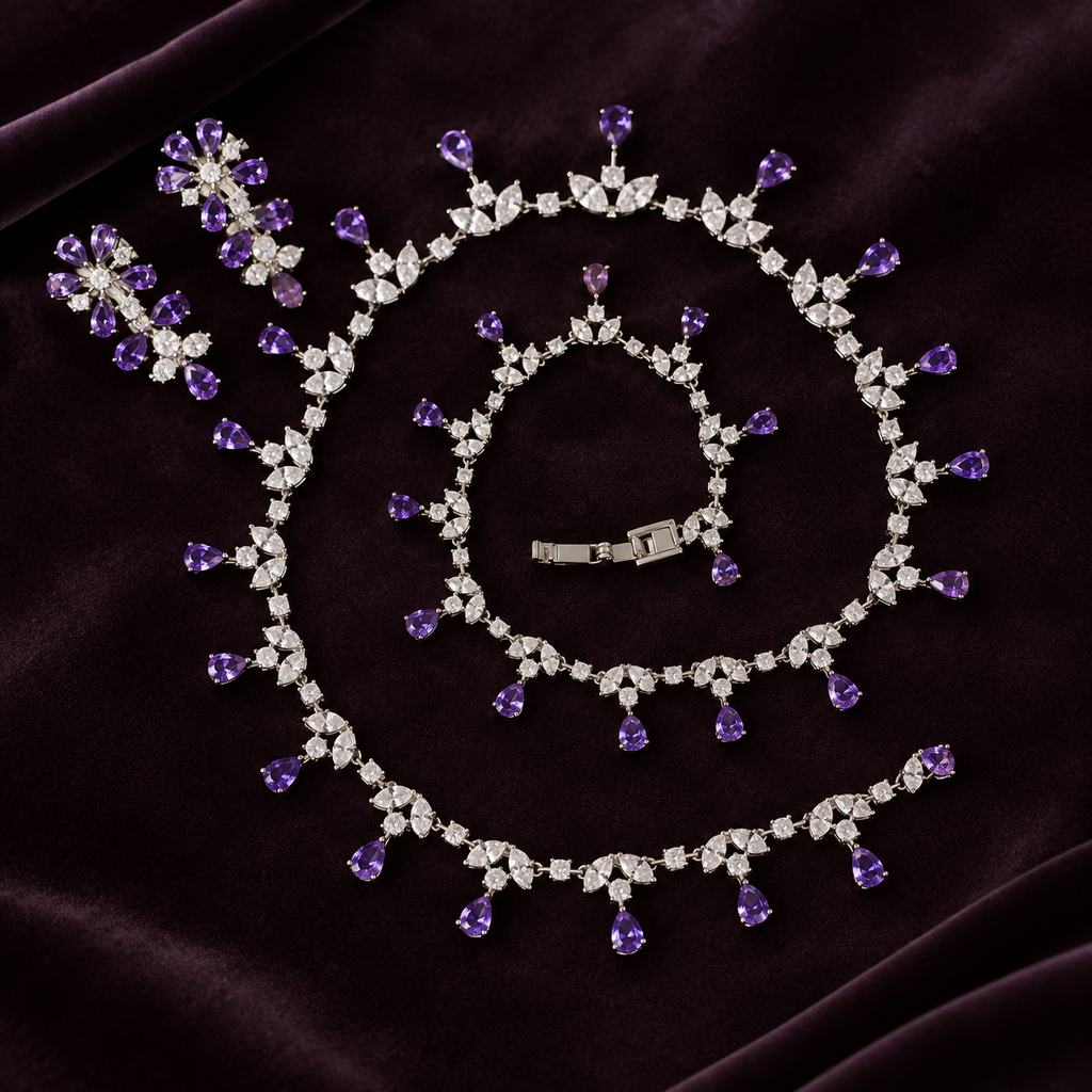 Purple Teardrop Fringe Crystal Necklace and Earrings Set