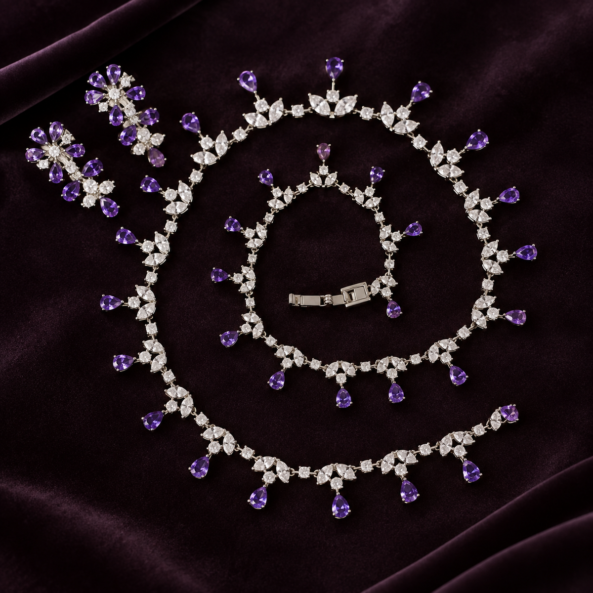 Purple Teardrop Fringe Crystal Necklace and Earrings Set