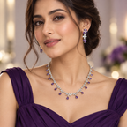 Purple Teardrop Fringe Crystal Necklace and Earrings Set