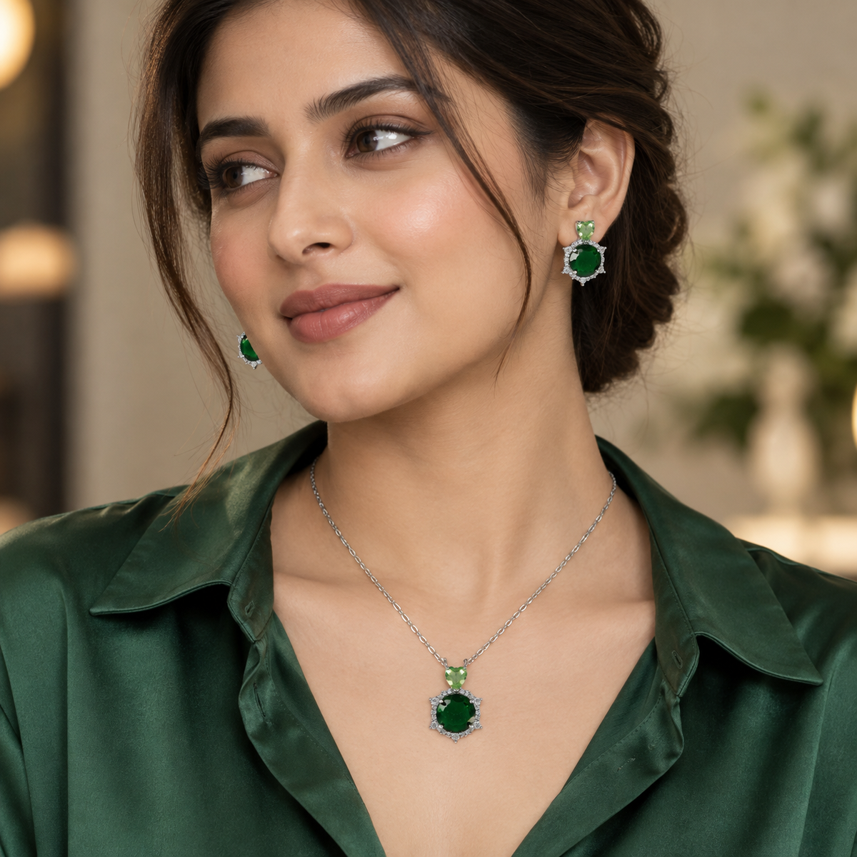 Emerald Heart & Round Crystal Necklace and Earrings Set