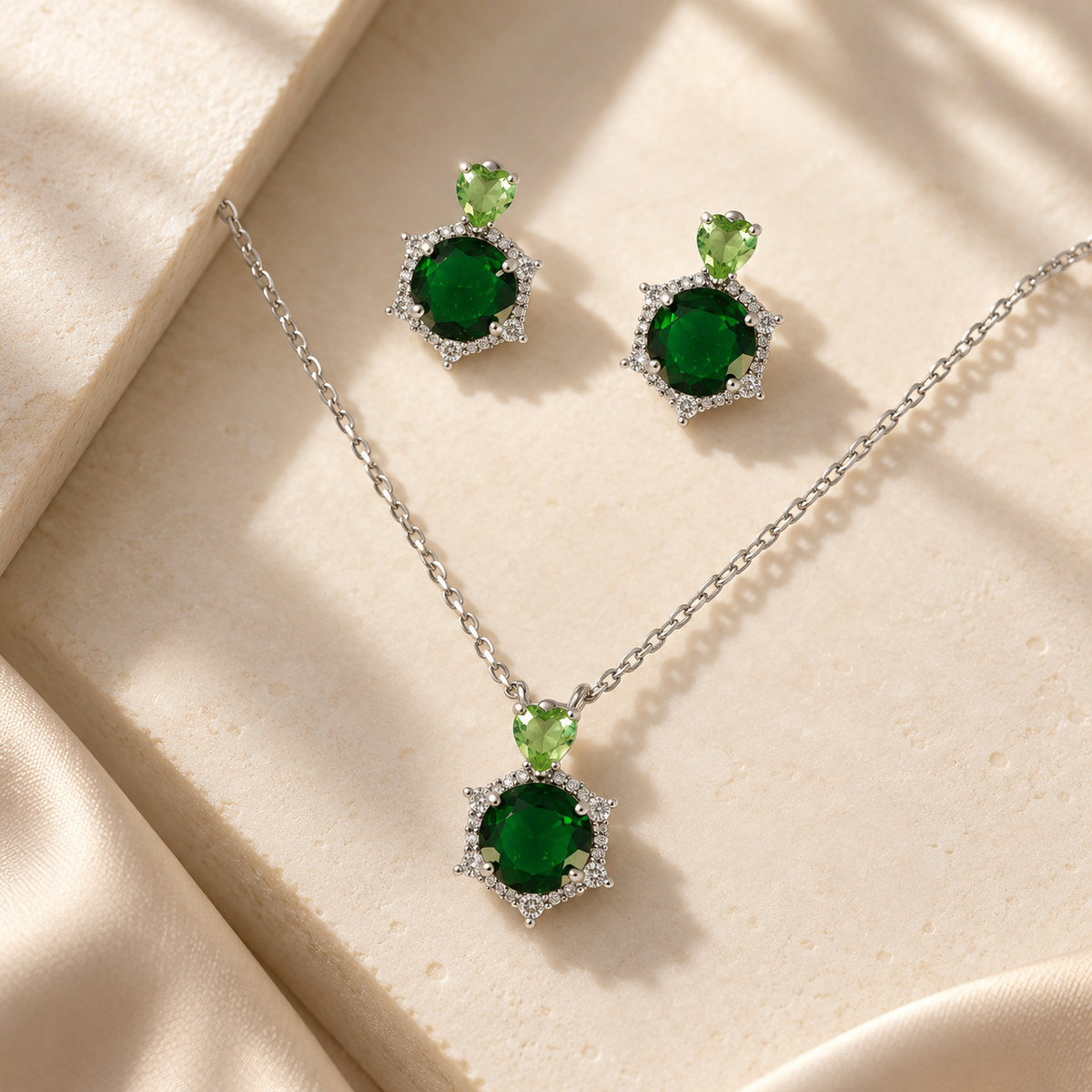 Emerald Heart & Round Crystal Necklace and Earrings Set