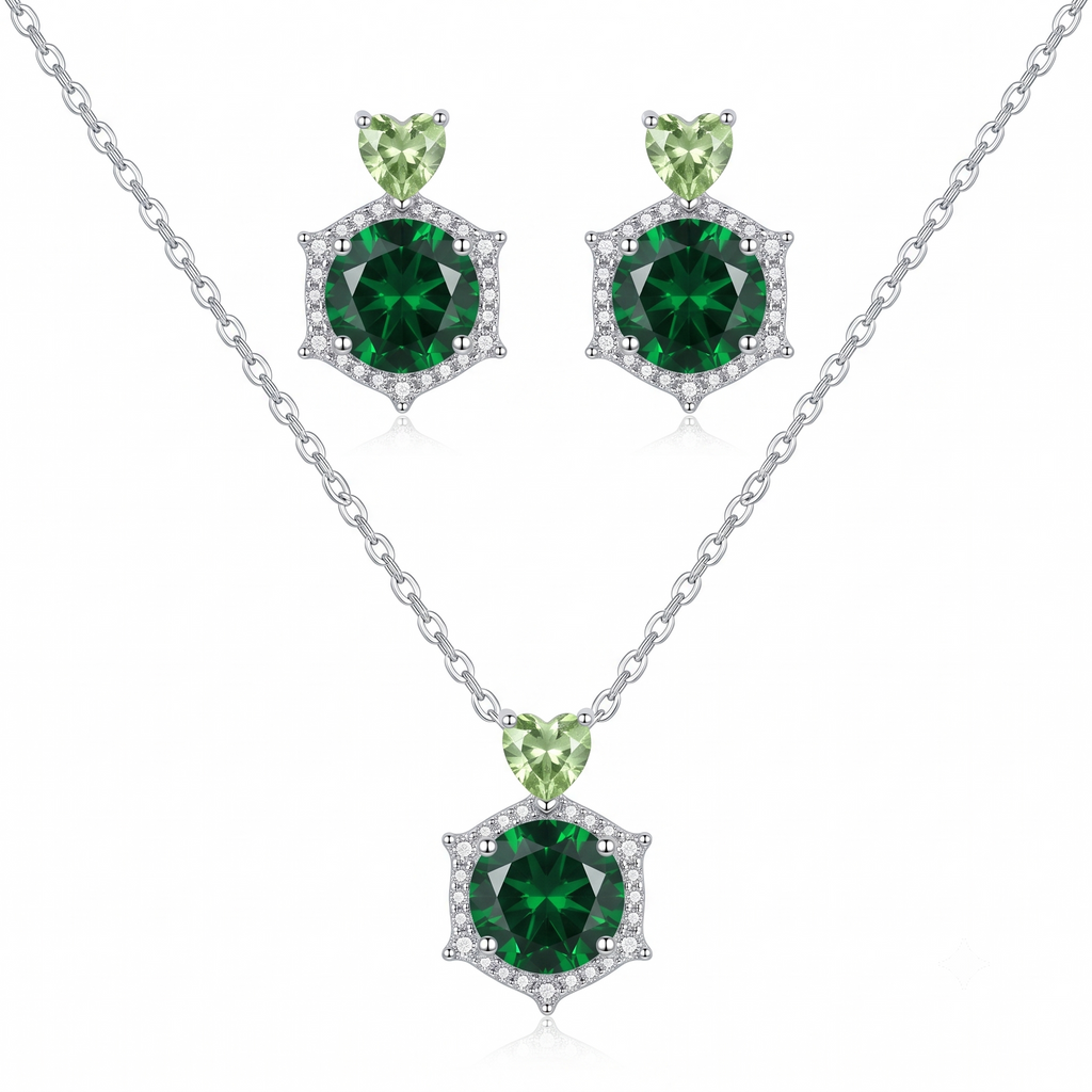Emerald Heart & Round Crystal Necklace and Earrings Set