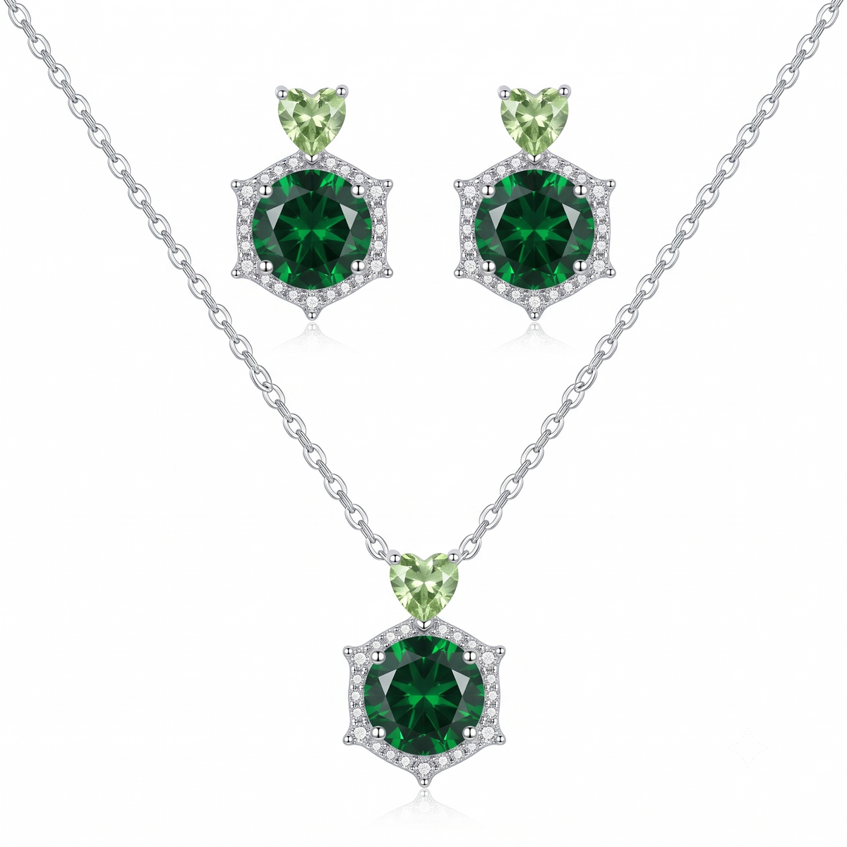 Emerald Heart & Round Crystal Necklace and Earrings Set