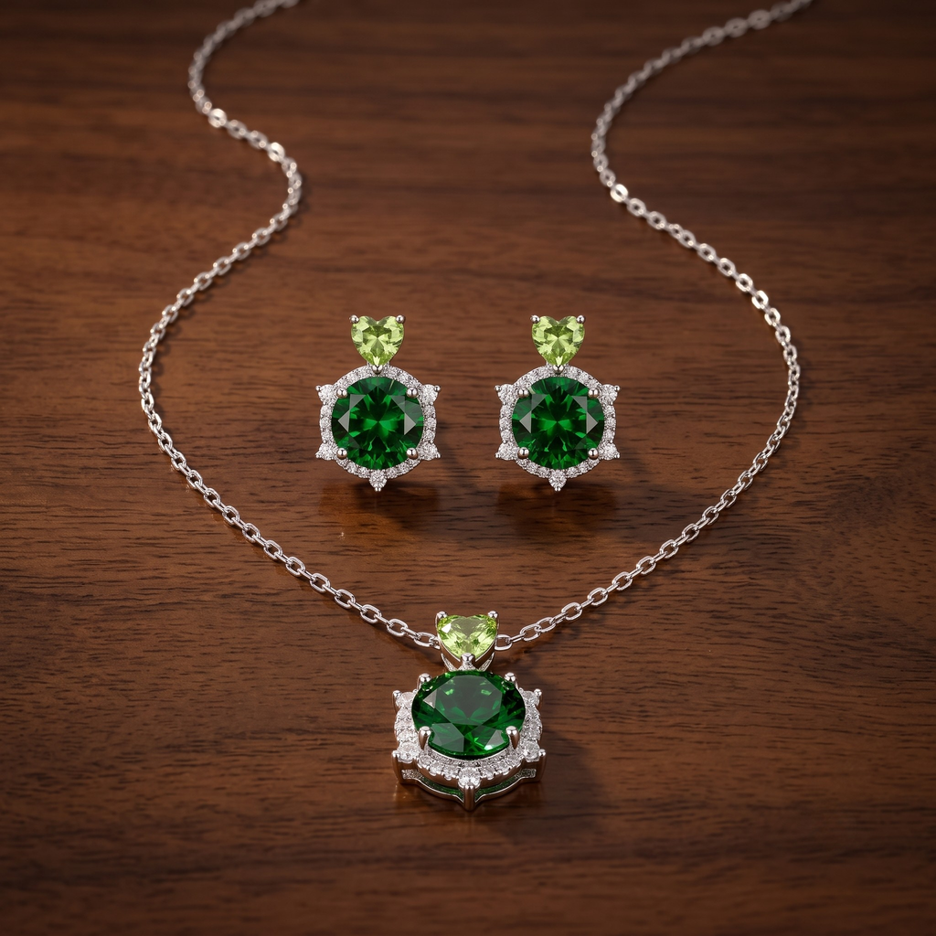 Emerald Heart & Round Crystal Necklace and Earrings Set