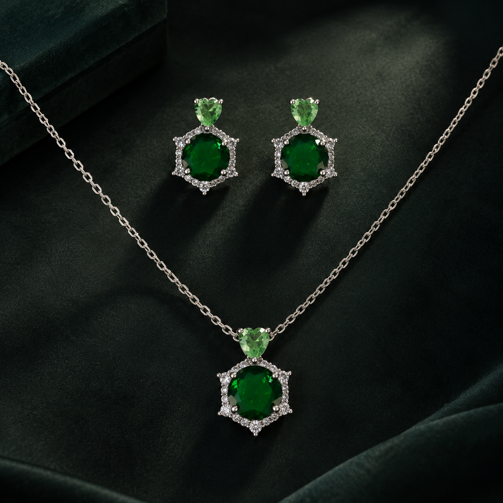 Emerald Heart & Round Crystal Necklace and Earrings Set