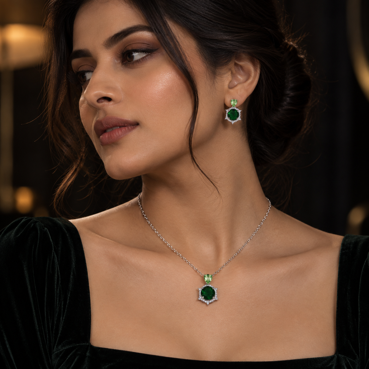 Emerald Heart & Round Crystal Necklace and Earrings Set