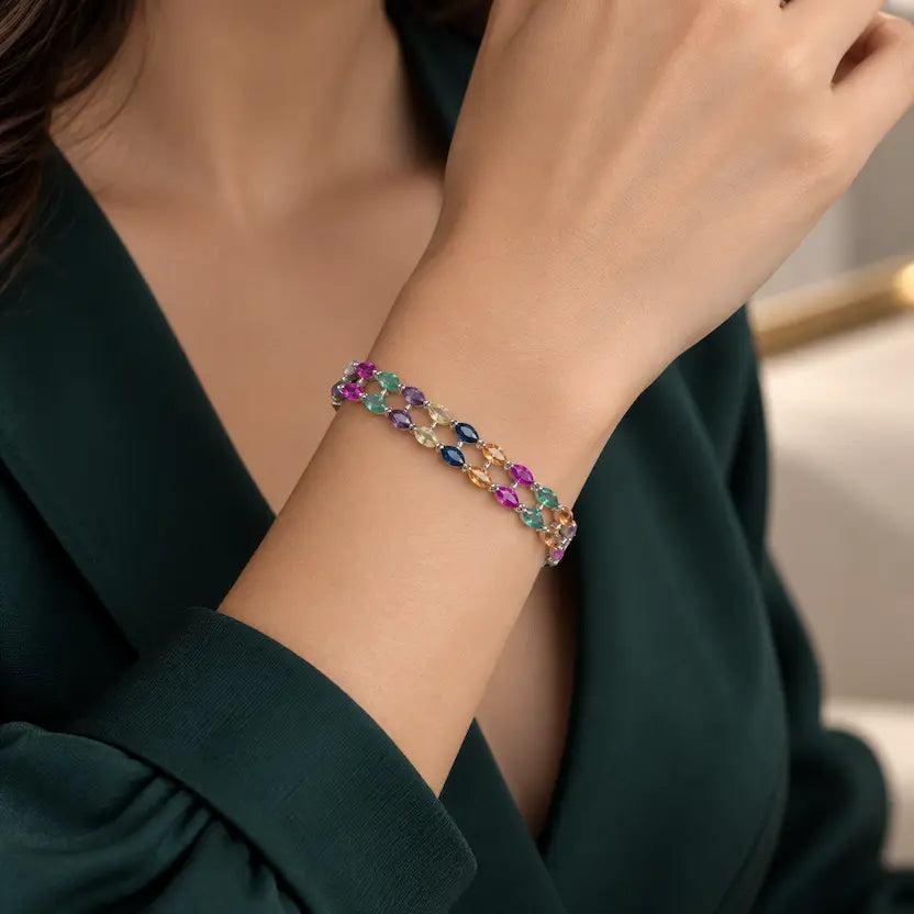 Multicolour Double Leaf Tennis Bracelet