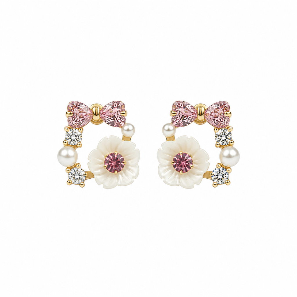Rose Pearl Bow Stud Earrings