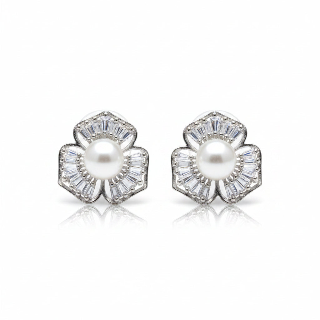 Silver Petal Pearl Stud Earrings