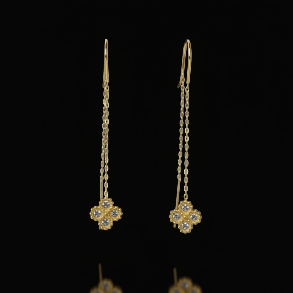 SVORA gold tone stainless steel thread-through earrings with cubic zirconia clover charms.