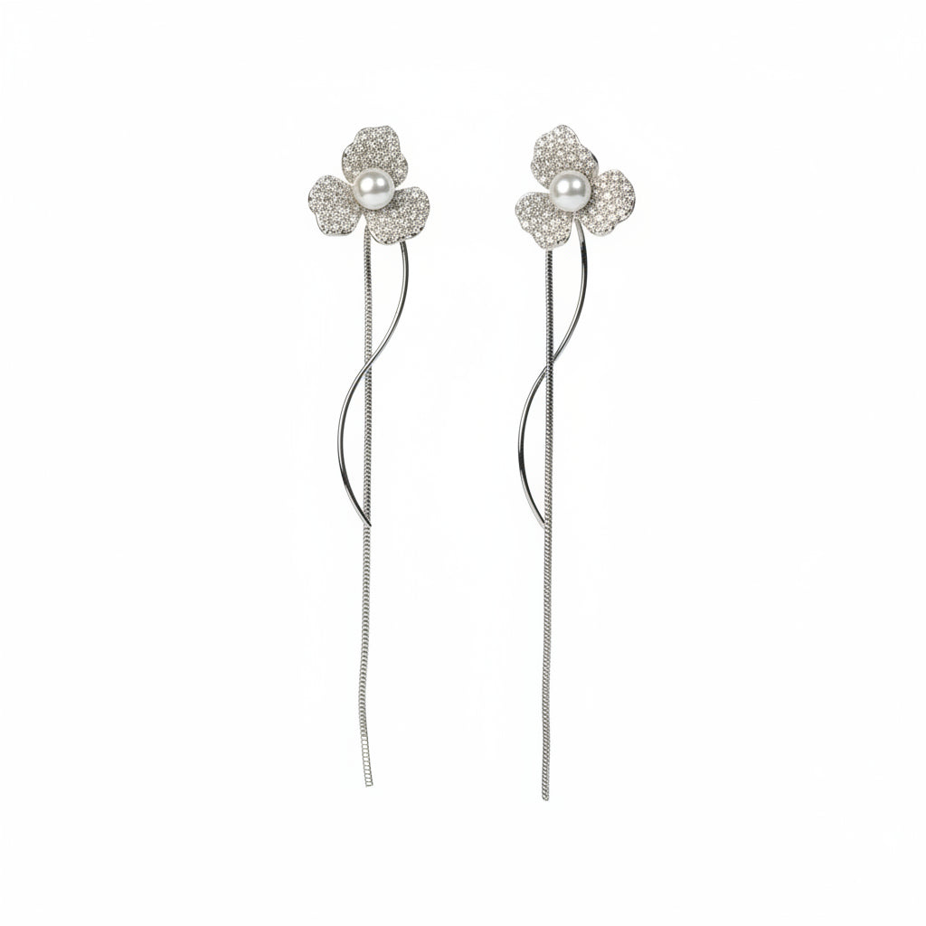Pearl Tri Petal Silver Stud Earrings