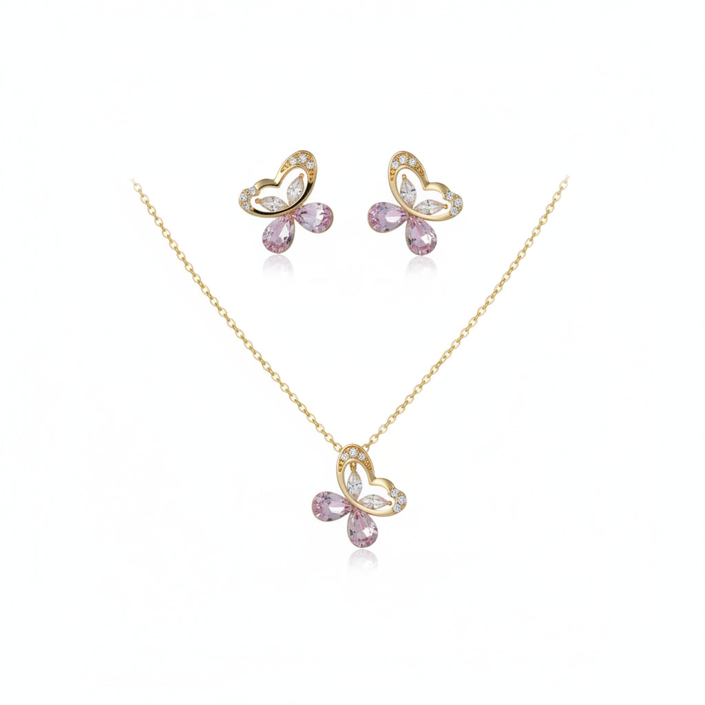 Rose Butterfly Necklace Earrings Set
