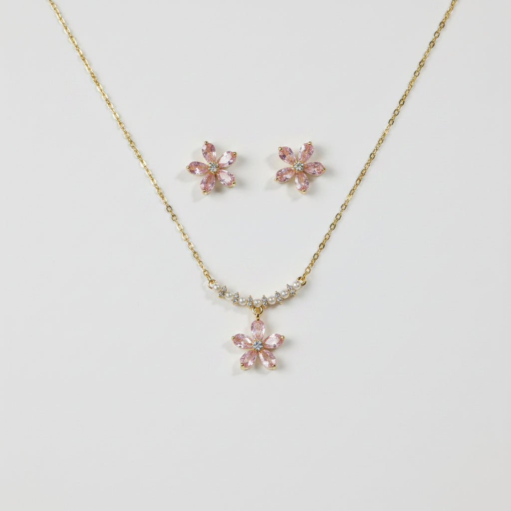 Pink Flower Necklace Earrings Set
