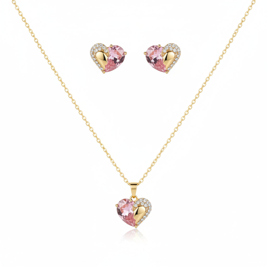 Duo Pink Heart Necklace Earrings Set