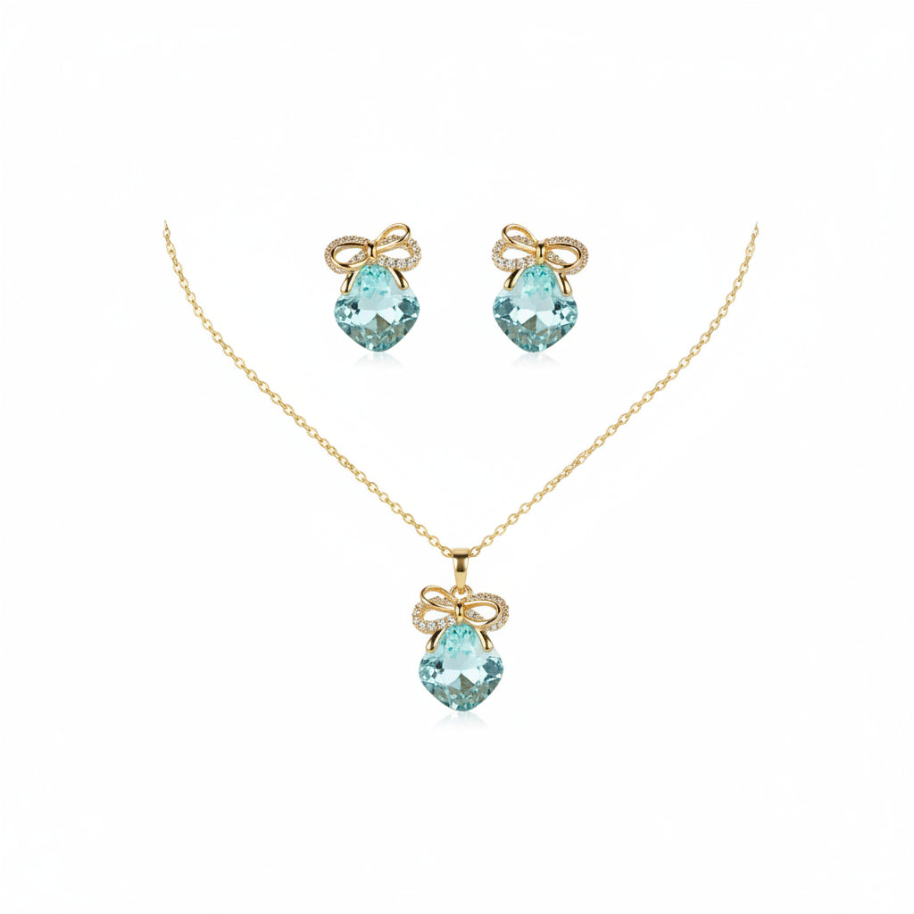 Aqua Cushion Bow Necklace Earrings Set