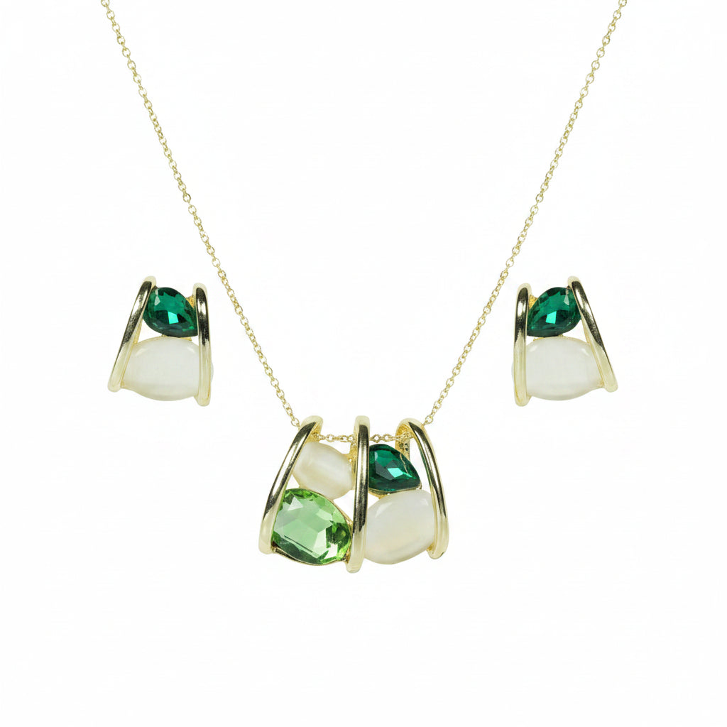 Cage Emerald Cluster Necklace Earrings Set